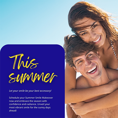 The image features a couple embracing each other, with the man on the left and the woman on the right. They are outdoors, wearing summer attire, and appear to be enjoying a sunny day at the beach. In the foreground, there is text overlaying the image that reads 'This summer,' followed by a message about dental services. The style of the image suggests it is an advertisement or promotional material for a dental care service.