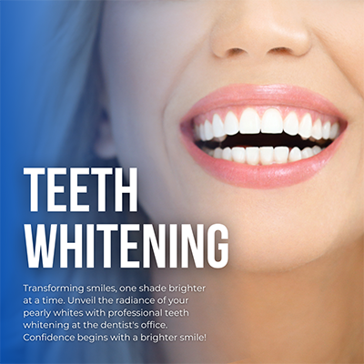 The image features a woman with a radiant smile, advertising teeth whitening services.