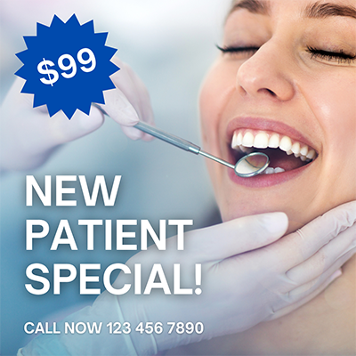 A woman in a dental chair receiving treatment, with a price tag indicating a special offer.