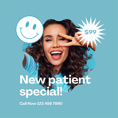 A graphic advertisement for a dental clinic, featuring a smiling woman with a positive expression and a large discount symbol.