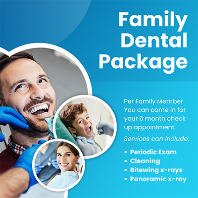 The image features a promotional graphic for a dental care package. It includes a smiling family with a father, mother, and child in the background, and there's an illustration of a dentist's office with dental equipment visible. In the foreground, there are three photos showing a happy family with a dentist and a child receiving dental care. The text 'Family Dental Package' is prominently displayed at the top, indicating that the package is intended for families. Additional details like 'Per Family Member You Can Come in for a 6 Month Check Up,' 'Services Can Include,' and 'Periodic Exam,' along with the price of $99. The graphic also mentions that services can include 'Cleaning,' 'X-Ray,' and 'Bitewing.' The overall style of the image is informative and designed to attract customers for dental care services.