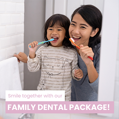 Family dental care package with smiling mother and daughter brushing teeth together, set against a bathroom backdrop.